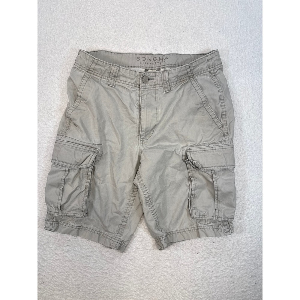 Sonoma Life Style Mens Cargo Shorts Size 32 Khaki Tan Cotton Utility Pocket